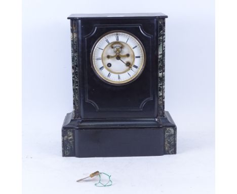 A 19th century slate and green veined marble 8-day mantel clock, white enamel dial with Roman numeral hour markers, case heig