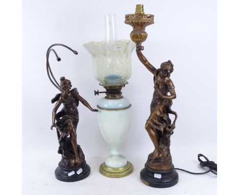 A Hinks &amp; Sons opaline glass oil lamp with matching shade and clear glass chimney, together with 2 reproduction Art Nouve