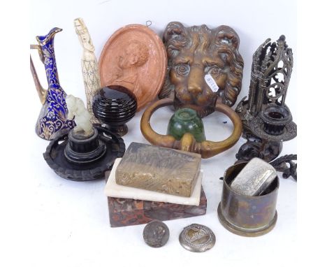 Various interesting collectables, including large brass lion mask door knocker, jade figure of a man, nephrite bowl, Tribal b