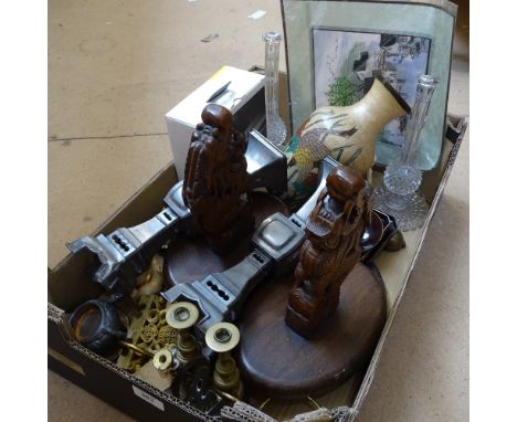 Various collectables, including pair of Chinese pewter gu vases, brass inkwell, pair of carved wood dragon wall brackets etc 