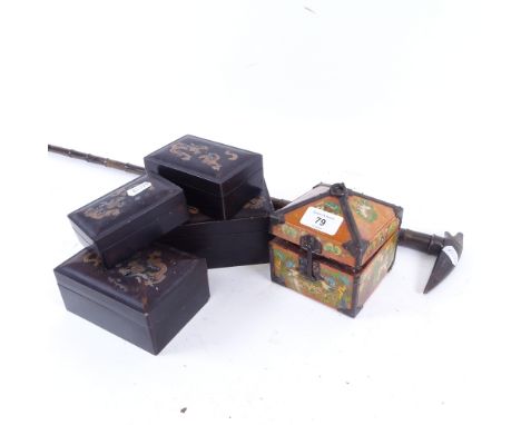 A graduated set of 4 Chinese gilded and lacquered papier mache boxes, a resin jewel box, and a horn walking stick, largest bo