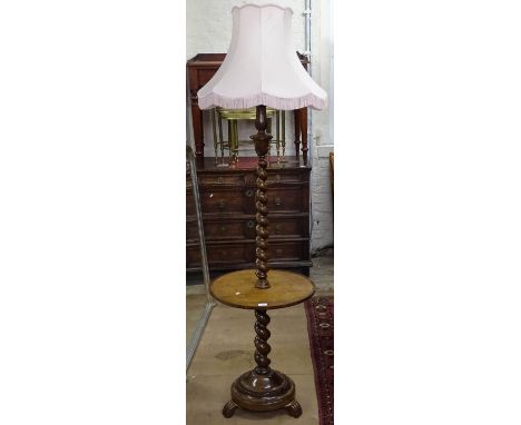 A mahogany barley twist standard lamp, with integrated dish-top tray and shade (new fitting required) 