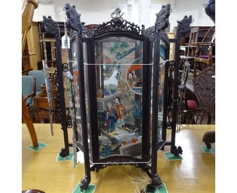 A large Chinese hardwood-framed hanging lantern, with carved and pierced decoration, and painted glass panels, H80cm 