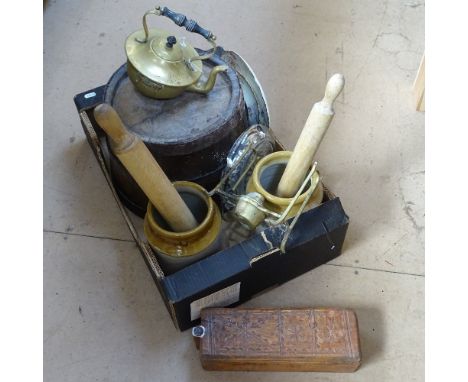 A Victorian brass spirit kettle and burner, stoneware jars, coopered oak barrel etc (boxful) 