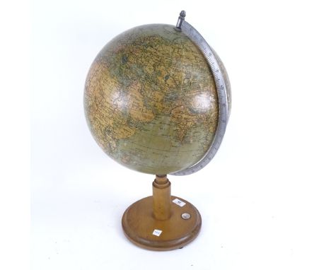 An early 20th century terrestrial globe, by James Wellsworth Ltd, on compass inset stand, overall height 50cm