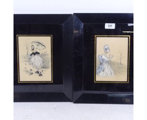 A pair of watercolour and embroidered pictures of young ladies, in original ebonised frames, "Sewn by K Laing 1917", height 3
