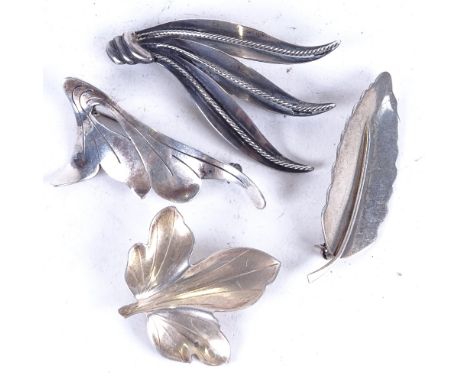 K BOYE - a stylised silver leaf design brooch, and 3 other similar brooches 