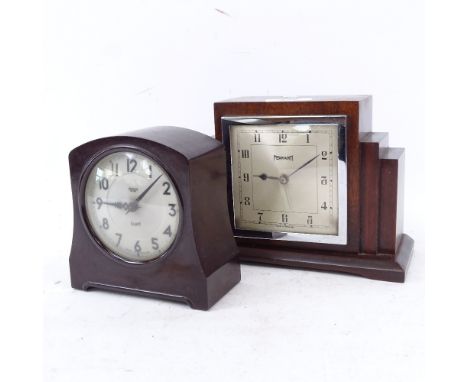 A Vintage Smiths Sectric Bakelite-cased alarm clock, and an Art Deco Ferranti mahogany-cased mantel clock (2) 