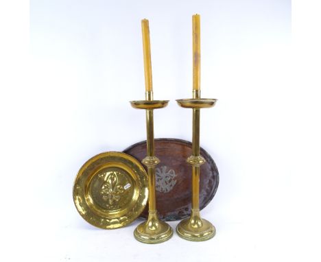 A pair of Vanpoulle of Westminster brass candlesticks, French brass tray etc, candlestick height 44cm (4) 