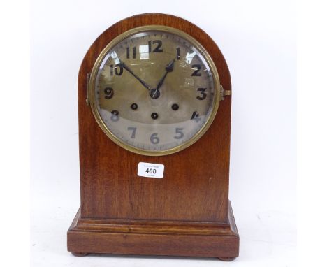 An early 20th century German mahogany-cased dome-top 8-day chiming mantel clock, brass backplate inscribed patent no. 379092 