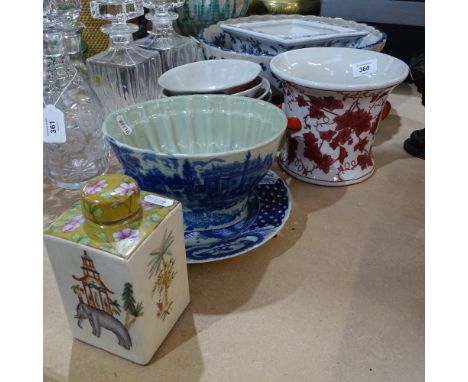 Various ceramics, including Ironstone jelly mould, Indian tea caddy, Oriental bowls etc 
