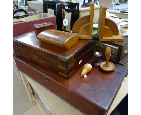 A 2-train mantel clock, height 23cm, a wig stand, bookends, writing slope, boxes etc 
