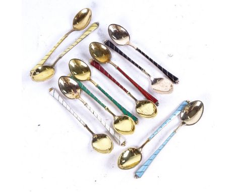 ELA, DENMARK - set of 12 matching sterling silver and coloured enamel teaspoons 
