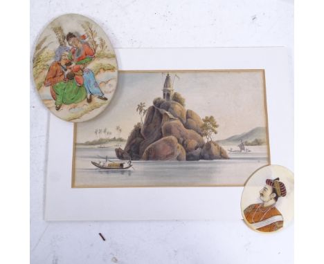 An Indian miniature watercolour on ivory with gilding, depicting 2 lovers, height 11cm, and an Indian watercolour portrait of