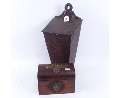 A 19th century oak wall-hanging candle box, and a walnut dome-top tea caddy, largest height 47cm (2) 