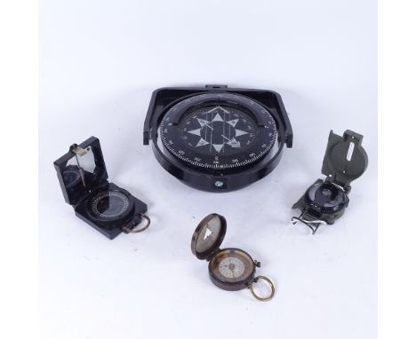 A gimballed yacht's compass, by Heath Marine, diameter 15cm, and 3 pocket compasses 