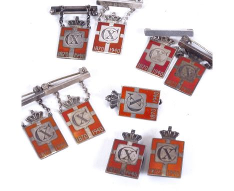 9 Georg Jensen Danish sterling silver and red enamel Kingmark badges and brooches 