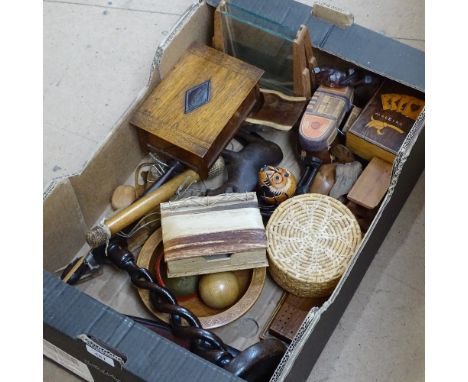 Various Tribal hardwood items, oak twist stem candlestick, set of bone dominos etc (boxful) 