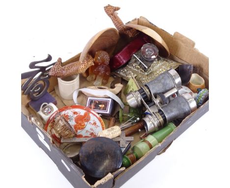 Various interesting collectables, including Italian silver wirework basket, 19th century brass and cut-glass inkwell, Japanes