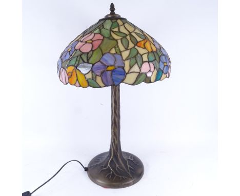 A large Tiffany style leadlight glass table lamp, height 66cm, shade diameter 41cm 