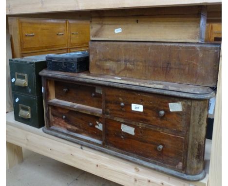 Various boxes and containers, including watch maker's table-top chest of drawers, military tin box, Vintage filing drawers et