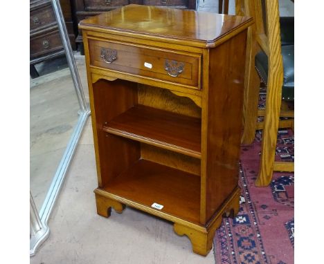 A small yew wood open bookcase with single drawer, bracket feet, W46cm, H74cm 