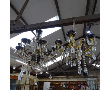 2 similar gilt and ceramic chandeliers with lustre drops, diameter 45cm 