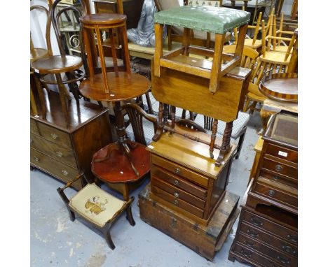 A mahogany 4-drawer music chest, a Sutherland table, a tripod table, a stool, a pine box etc 