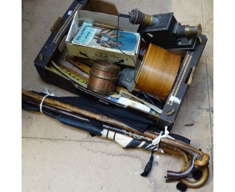 Walking sticks, speaker, magic lantern, copper pots, lace bobbins etc 