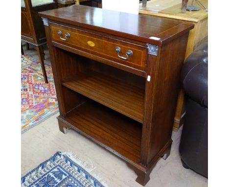 A mahogany satinwood-strung bookcase, with single frieze drawer and open shelves under, bracket feet, W77cm, H85cm 