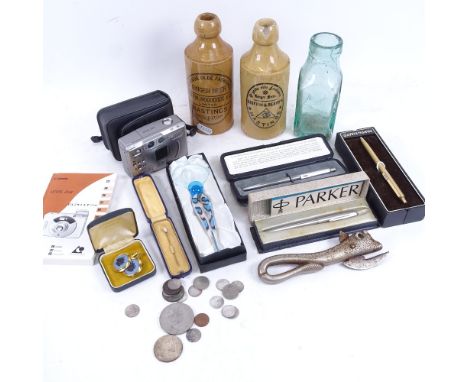 Various collectables, including unmarked gold pearl stick pin, Hastings ginger beer stoneware bottles, Parker pens etc 