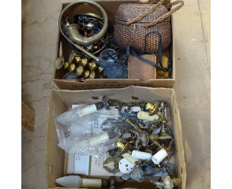 2 boxes of wall light fittings, candlesticks, Brownie camera, tea tray etc 