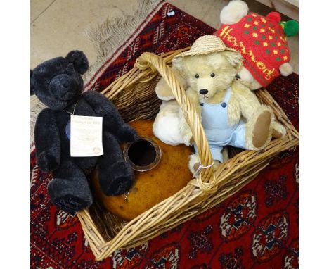 Wicker basket with teddy bears, and a ceramic pot 