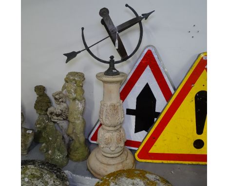 A verdigris-finished armillary sundial on acanthus leaf embossed concrete pedestal 