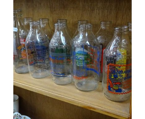 A shelf of 1980s advertising milk bottles, and dairy bottles 