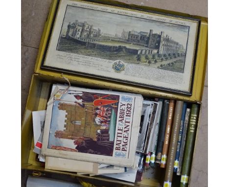 A yellow tin trunk containing books about Battle Abbey, print etc