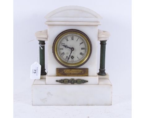 An early 20th century French white marble architectural mantel clock, verdigris column supports with steel dial and Roman num