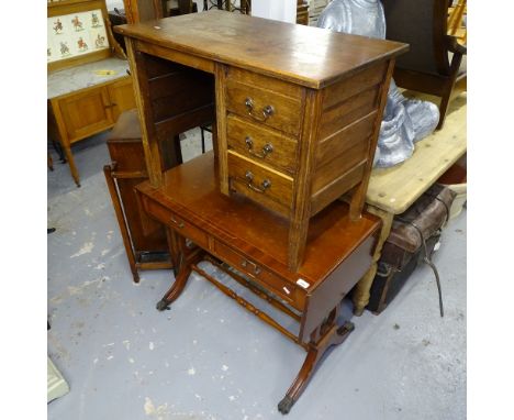 A small 1930s oak single-pedestal writing desk, W83cm, and reproduction mahogany sofa table 