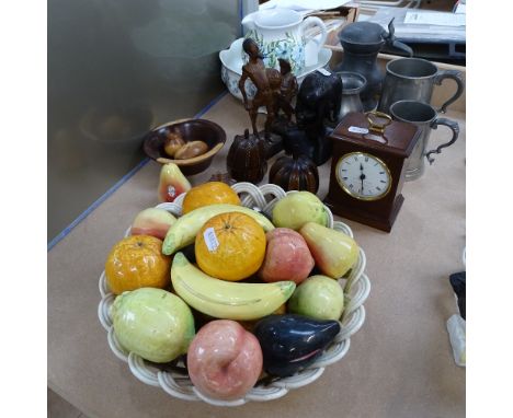 Carved wood boxes modelled as fruit, pewter mugs, ceramic fruit etc 