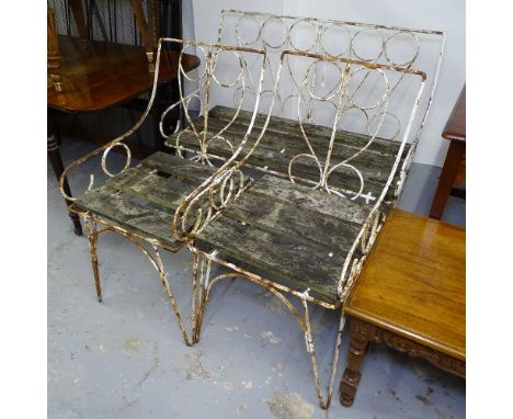 A mid-century wrought-iron garden set, comprising 2 chairs and bench, with scrolled decoration and hairpin legs 