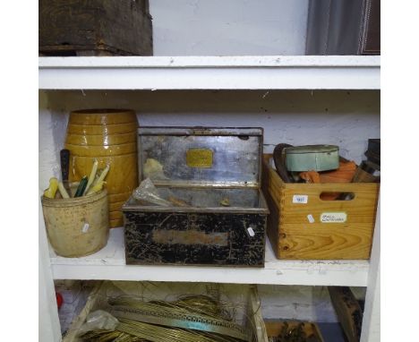 A shelf of miscellaneous hardware, a Deed box, a stoneware barrel etc 