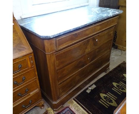 19th century French walnut chest, with shaped speckled grey and white marble top, 4 long graduated drawers, on bracket feet, 