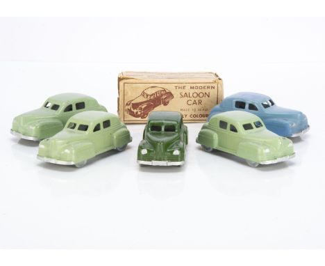 Robin Hood TP Series Saloon Car, five examples, pale green (3), dark green, light blue, with one original box, G-VG, blue exa