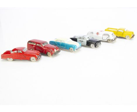 AMB Marchesini Tinplate Vehicles, approx 1:45 scale, 415 Ford Fordor Police, 406 Pick-Up, 414 Studebaker Commander, 410 Ford 