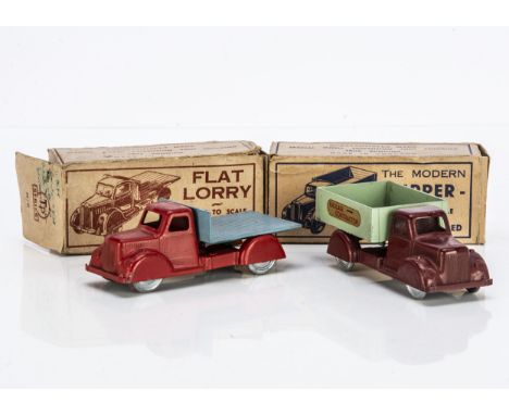 Robin Hood TP Series Trucks, Tipper Truck, dark red cab, pale green tipper, 'Haulage Contractor' decals, Flat Lorry, red cab,
