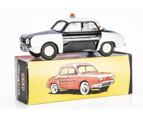 A CIJ Ref No.5/67 Renault Dauphine Police Car, tinplate friction drive car, black/white body, 'Police' decals, white plastic 
