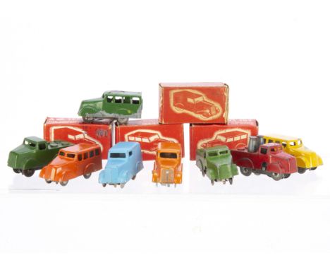 Teeny Toy Clockwork Diecast Toys, Light Van (2), orange, blue, Shooting Brake (2), orange, yellow, in original boxes, loose M