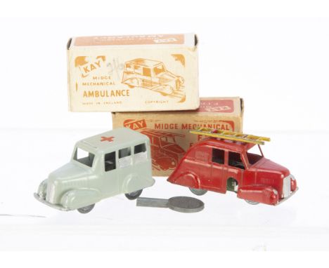 Kay Midge Mechanical Clockwork Diecast Toys, Ambulance, grey body, Fire Engine, red body, yellow removable ladder, in origina