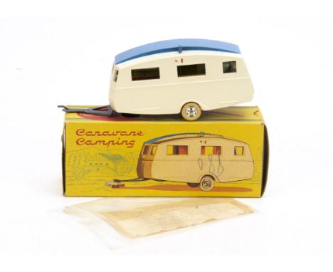 A CIJ Ref No.3/27 Camping Caravan, white body, blue roof panel, printed tinplate interior, plated spun hubs, white tyres, in 