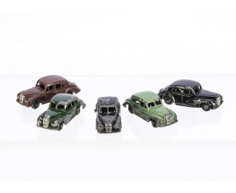 Bradscar OO Scale Morris Six, five examples, black (2), pale green, dark green, reddish-brown, two with plain baseplates, P-F